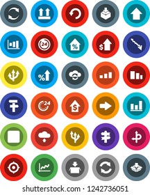 White Solid Icon Set- graph vector, crisis, percent growth, dollar, target, arrow up, route, signpost, top sign, package, sorting, backward button, cloud exchange, refresh, undo, upload, 24 hour