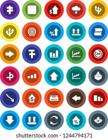 White Solid Icon Set- graph vector, crisis, percent growth, dollar, target, arrow down, up, route, signpost, top sign, package, sorting, backward button, refresh, cloud upload, low price signboard