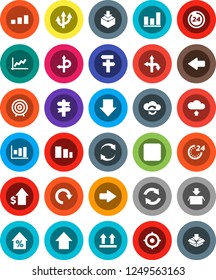 White Solid Icon Set- graph vector, percent growth, dollar, target, arrow down, up, route, signpost, top sign, package, sorting, backward button, cloud exchange, refresh, redo, upload, 24 hour