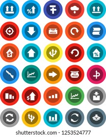 White Solid Icon Set- graph vector, crisis, percent growth, dollar, target, arrow down, up, route, top sign, package, sorting, refresh, redo, undo, cloud upload, low price signboard, signpost