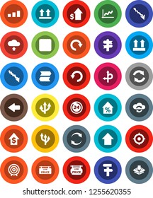 White Solid Icon Set- graph vector, crisis, percent growth, dollar, target, arrow up, route, signpost, top sign, sorting, backward button, cloud exchange, refresh, redo, undo, upload, 24 hour