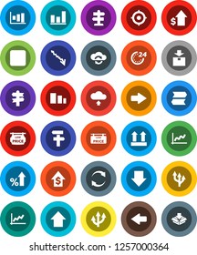 White Solid Icon Set- graph vector, crisis, percent growth, dollar, target, arrow down, up, signpost, top sign, package, sorting, backward button, cloud exchange, refresh, upload, route, 24 hour