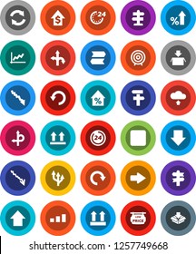 White Solid Icon Set- graph vector, crisis, percent growth, dollar, target, arrow down, up, route, signpost, top sign, sorting, backward button, refresh, redo, undo, cloud upload, 24 hour, package