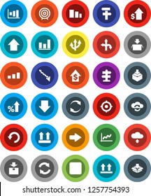 White Solid Icon Set- graph vector, crisis, percent growth, dollar, target, arrow down, up, route, signpost, top sign, package, sorting, backward button, cloud exchange, refresh, undo, upload