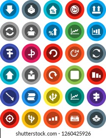 White Solid Icon Set- graph vector, crisis, percent growth, target, arrow down, up, route, signpost, top sign, package, sorting, backward button, refresh, redo, undo, low price signboard, 24 hour