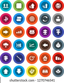 White Solid Icon Set- graph vector, crisis, percent growth, dollar, target, arrow down, up, route, signpost, top sign, package, sorting, backward button, refresh, cloud upload, low price signboard