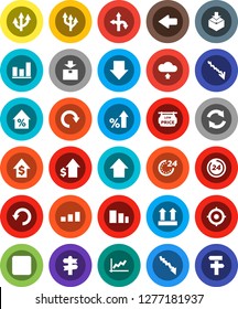 White Solid Icon Set- graph vector, crisis, percent growth, dollar, target, arrow down, up, route, signpost, top sign, package, sorting, backward button, refresh, redo, undo, cloud upload, 24 hour