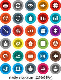 White Solid Icon Set- graph vector, crisis, percent growth, dollar, target, arrow up, route, signpost, top sign, package, sorting, backward button, cloud exchange, refresh, redo, low price signboard