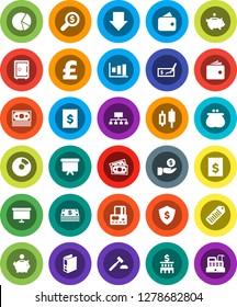 White Solid Icon Set- graph vector, pie, japanese candle, credit card, wallet, piggy bank, investment, auction, check, building, receipt, money search, binder, arrow down, presentation board, safe