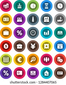 White Solid Icon Set- graph vector, pie, laptop, cash, percent growth, case, investment, coin stack, bank building, calculator, receipt, money search, clock, man, sand, tie, dollar shield, safe, yen