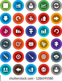 White Solid Icon Set- graph vector, crisis, percent growth, dollar, target, arrow down, route, signpost, top sign, package, sorting, backward button, cloud exchange, refresh, redo, undo, 24 hour