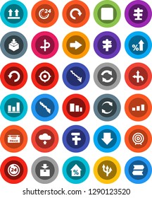 White Solid Icon Set- graph vector, crisis, percent growth, target, arrow down, route, signpost, top sign, package, sorting, backward button, refresh, redo, undo, cloud upload, low price signboard
