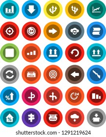 White Solid Icon Set- graph vector, crisis, percent growth, target, arrow down, route, signpost, top sign, sorting, backward button, cloud exchange, refresh, undo, upload, low price signboard