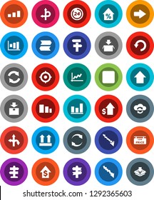 White Solid Icon Set- graph vector, crisis, percent growth, dollar, target, arrow up, route, signpost, top sign, package, sorting, backward button, cloud exchange, refresh, undo, low price signboard