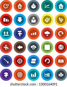 White Solid Icon Set- graph vector, crisis, percent growth, dollar, target, arrow down, route, signpost, top sign, package, sorting, backward button, cloud exchange, redo, undo, upload, 24 hour