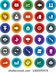 White Solid Icon Set- graph vector, crisis, percent growth, dollar, target, arrow up, route, signpost, top sign, package, sorting, cloud exchange, refresh, upload, low price signboard