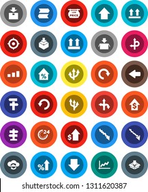 White Solid Icon Set- graph vector, crisis, percent growth, dollar, target, arrow down, up, route, signpost, top sign, package, sorting, cloud exchange, redo, undo, low price signboard, 24 hour