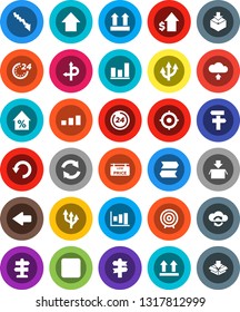 White Solid Icon Set- graph vector, crisis, percent growth, dollar, target, arrow up, route, signpost, top sign, package, sorting, backward button, cloud exchange, refresh, undo, upload, 24 hour
