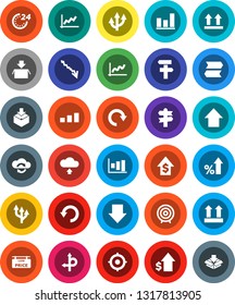 White Solid Icon Set- graph vector, crisis, percent growth, dollar, target, arrow down, up, route, signpost, top sign, package, sorting, cloud exchange, redo, undo, upload, low price signboard
