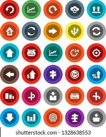 White Solid Icon Set- graph vector, percent growth, dollar, target, arrow down, up, route, signpost, top sign, package, sorting, cloud exchange, refresh, redo, undo, low price signboard, 24 hour