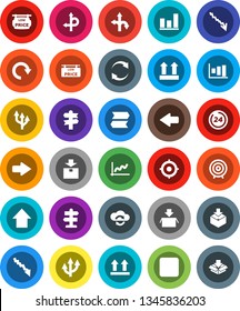 White Solid Icon Set- graph vector, crisis, target, arrow up, route, signpost, top sign, package, backward button, cloud exchange, refresh, redo, low price signboard, 24 hour