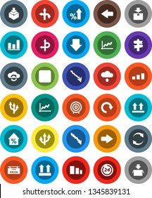 White Solid Icon Set- graph vector, crisis, percent growth, target, arrow down, route, signpost, top sign, package, sorting, backward button, cloud exchange, refresh, redo, upload, 24 hour