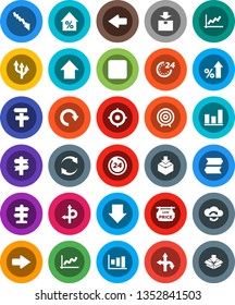 White Solid Icon Set- graph vector, crisis, percent growth, target, arrow down, up, route, signpost, package, backward button, cloud exchange, refresh, redo, low price signboard, 24 hour