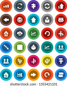 White Solid Icon Set- graph vector, crisis, percent growth, dollar, arrow up, route, signpost, top sign, package, sorting, backward button, cloud exchange, refresh, redo, undo, low price signboard