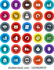 White Solid Icon Set- graph vector, percent growth, dollar, target, arrow down, up, route, signpost, package, sorting, cloud exchange, refresh, redo, undo, upload, low price signboard
