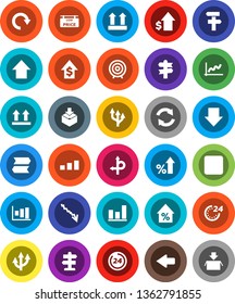White Solid Icon Set- graph vector, crisis, percent growth, dollar, target, arrow down, up, route, signpost, top sign, package, sorting, backward button, refresh, redo, low price signboard, 24 hour