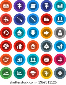 White Solid Icon Set- graph vector, crisis, percent growth, dollar, arrow down, route, signpost, top sign, package, sorting, undo, cloud upload, low price signboard, 24 hour