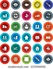White Solid Icon Set- graph vector, crisis, percent growth, dollar, target, arrow up, route, top sign, sorting, backward button, cloud exchange, refresh, upload, low price signboard, 24 hour