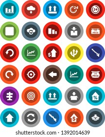 White Solid Icon Set- graph vector, crisis, percent growth, dollar, target, arrow up, signpost, top sign, package, sorting, backward button, cloud exchange, refresh, redo, undo, upload, route