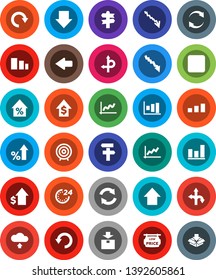 White Solid Icon Set- graph vector, crisis, percent growth, dollar, target, arrow down, up, route, signpost, package, sorting, backward button, refresh, redo, undo, cloud upload, low price signboard