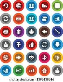 White Solid Icon Set- graph vector, crisis, percent growth, dollar, target, arrow down, route, signpost, top sign, package, sorting, backward button, cloud exchange, refresh, undo, 24 hour