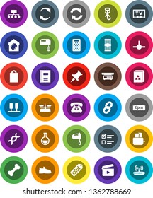 White Solid Icon Set- grater vector, mixer, toaster, cereal, pasta, copybook, exam, hierarchy, snickers, bone, phone, no hook, barcode, cinema clap, tv, thumbtack, flask, dna, connect, server, chain