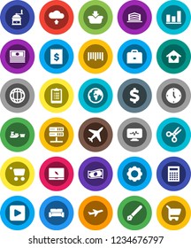 White Solid Icon Set- hand mill vector, pen, case, calculator, scissors, world, graph, cash, clock, dollar sign, clipboard, earth, plane, receipt, port, barcode, notebook pc, play button, gear, cart