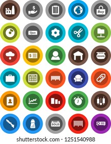 White Solid Icon Set- hand mill vector, case, alarm clock, schedule, scissors, graph, pie, japanese candle, crisis, investment, receipt, personal information, earth, warehouse, sorting, gear, sold