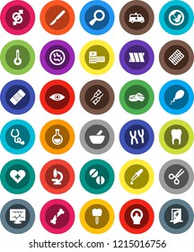 White Solid Icon Set- heart cross vector, thermometer, flask, eye, gender sign, magnifier, pregnancy, dropper, crutches, scissors, scalpel, broken bone, patch, stethoscope, pills, blister, mortar
