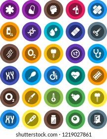 White Solid Icon Set- heart pulse vector, pills vial, oxygen, ambulance star, disabled, cross, thermometer, dna, dropper, crutches, scissors, patch, stethoscope, blister, microbs, chromosomes, sperm
