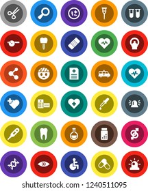 White Solid Icon Set- heart pulse vector, pills vial, molecule, cross, disabled, thermometer, flask, eye, gender sign, dna, magnifier, dropper, crutches, scissors, patch, doctor hat, microbs, tooth