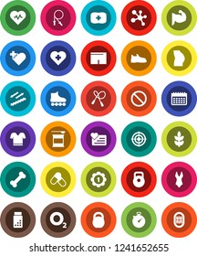 White Solid Icon Set- heart pulse vector, stopwatch, pills vial, weight, jump rope, muscule hand, buttocks, snickers, shorts, swimsuite, t shirt, roller Skates, target, medal, sports nutrition, bone