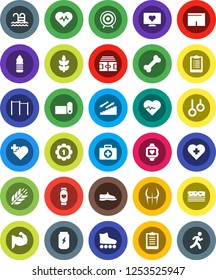 White Solid Icon Set- heart pulse vector, stadium, clipboard, horizontal bar, muscule hand, buttocks, snickers, shorts, roller Skates, target, medal, enegry drink, monitor, water bottle, fitness mat