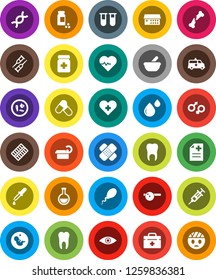 White Solid Icon Set- heart pulse vector, pills vial, doctor bag, cross, flask, eye, gender sign, dna, pregnancy, syringe, dropper, crutches, broken bone, patch, bottle, blister, mortar, hat, sperm