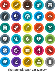 White Solid Icon Set- heart pulse vector, cross, thermometer, flask, vial, eye, gender sign, pregnancy, dropper, scissors, scalpel, broken bone, sand clock, patch, stethoscope, pills, microbs, ovule