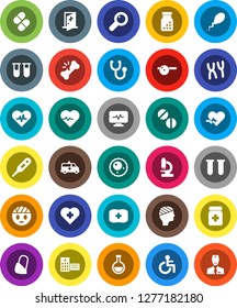 White Solid Icon Set- heart pulse vector, cross, first aid kit, disabled, thermometer, flask, vial, magnifier, broken bone, stethoscope, pills, bottle, eye doctor hat, microscope, chromosomes, sperm