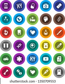 White Solid Icon Set- heart cross vector, first aid kit, ambulance star, thermometer, flask, vial, dna, pregnancy, crutches, scalpel, broken bone, sand clock, patch, pills, bottle, microscope, sperm
