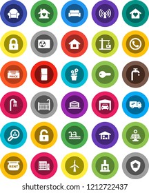 White Solid Icon Set- house vector, pool, solar panel, windmill, water supply, garage, barn, rent signboard, low price, apartments, office building, client search, key, lock, unlock, crib, bath