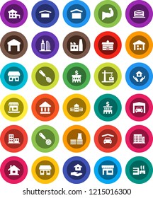 White Solid Icon Set- house hold vector, skimmer, university, school building, bank, muscule hand, office, dry cargo, warehouse, cottage, garage, apartments, construction crane, factory, store, mall