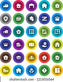 White Solid Icon Set- house hold vector, school building, measuring, dry cargo, home, attention sign, cottage, barn, plan, love, construction crane, protect, mall, window